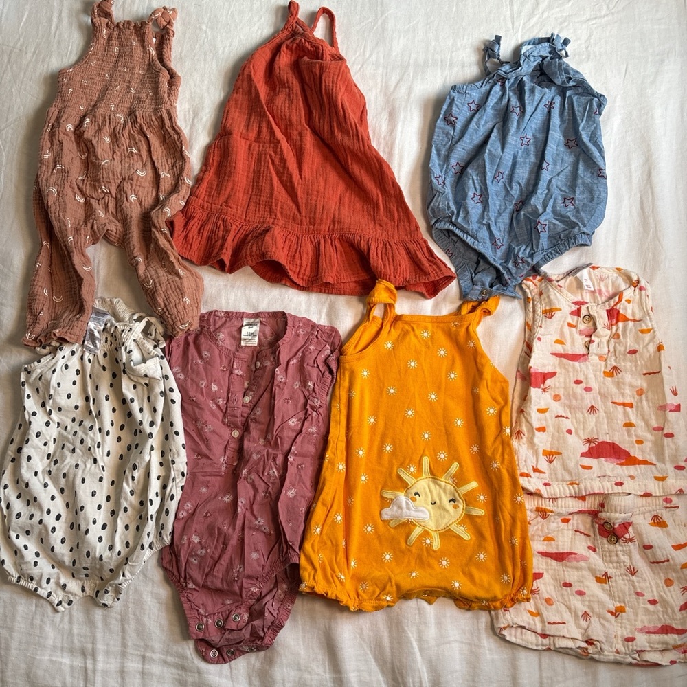 7 Outfit Summer Girls Bundle 12-18m Earth Tones, Boho, Sunshine Muslin